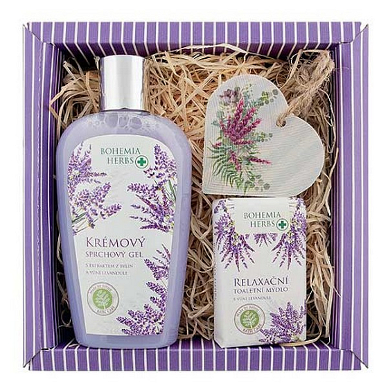 Bohemia Gifts Lawendowy kremowy żel pod prysznic 250 ml + mydło 100 g + drewniane serce różne motywy, zestaw kosmetyczny