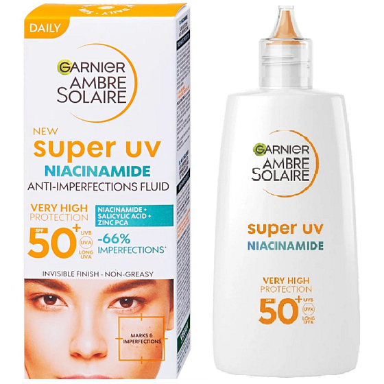 Garnier Ambre Solaire Niacinamide OF50 denní pleťový fluid Super UV 40 ml – pleťový fluid s ochranným faktorem SPF 50 a niacinamidem, pro ochranu pokožky před slunečním zářením a zlepšení její kvality.