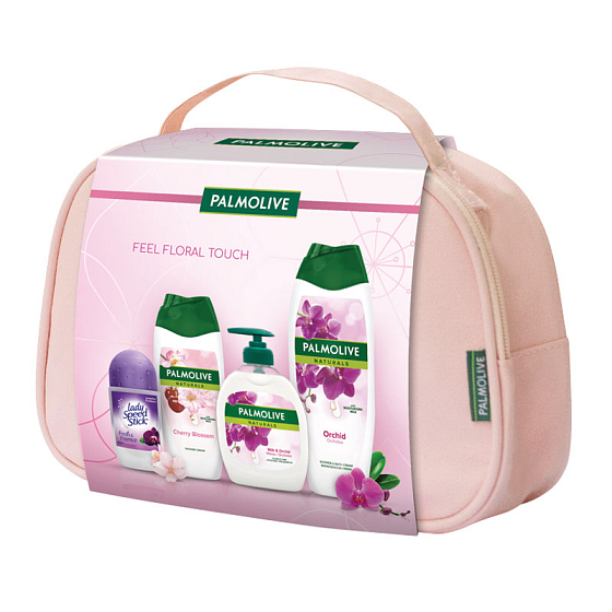 Palmolive Natural Milk & Orchid sprchový gel 250 ml + tekuté mýdlo 300 ml + Cherry Blossom sprchový gel 250 ml + Lady Speed Stick Fresh & Essence Luxurious Freshness antiperspirant roll-on 50 ml + etue, kosmetická sada