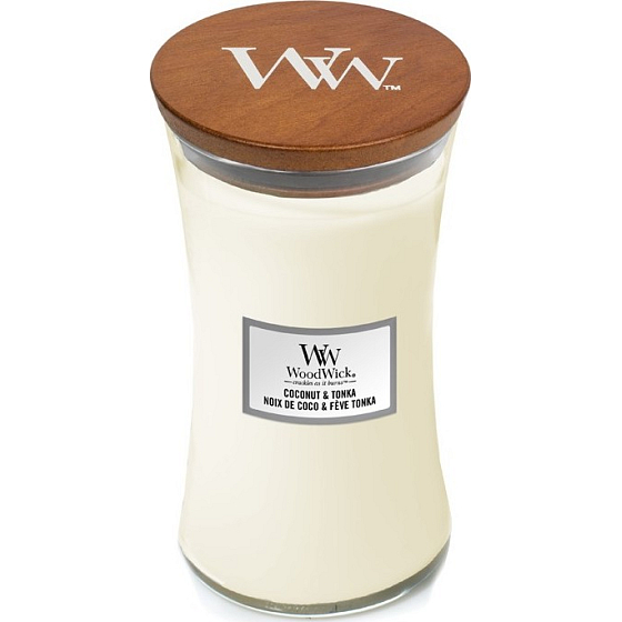 WoodWick Coconut & Tonka - Kokos a tonka boby vonná svíčka s dřevěným knotem a víčkem sklo velká 609 g