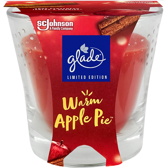 Glade Warm Apple Pie z zapach czerwonego jabłka i cynamonu świeca zapachowa w szkle, czas palenia do 38 godzin 129 g