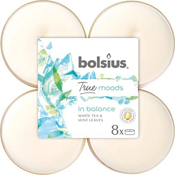 Bolsius True Moods In Balance White Tea & Mint Leaves - Bílý čaj a listy máty maxi vonné čajové svíčky 8 kusů, doba hoření 8 hodin