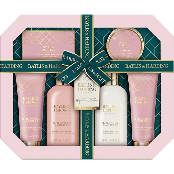 Baylis & Harding Jojoba, Vanilka & Mandlový olej mycí gel 300 ml + mléko do koupele 300 ml + toaletní mýdlo 150 g + sprchový krém 130 ml + tělové mléko 130 ml + sůl do koupele 100 g, kosmetická sada pro ženy