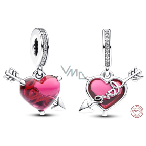Zawieszka ze srebra próby 925 z czerwonym sercem i strzałą Murano Glass, charms do bransoletki miłość