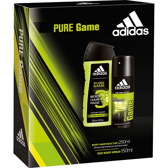 Adidas Pure Game deodorant sprej pro muže 150 ml + 3v1 sprchový gel na tělo, tvář a vlasy 250 ml, kosmetická sada