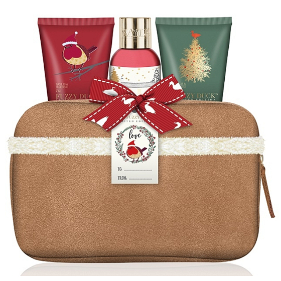 Baylis & Harding Moruše, Jmelí a Vánoční stromek sprchový krém 100 ml + tělové mléko 50 ml + krém na ruce 50 ml + béžová toaletní taška z umělého semiše, kosmetická sada