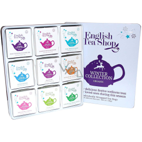English Tea Shop Bio Vánoční zima Očista po vánočním hodování + Detox se zimním ovocem + Chai pro zvýšení imunity + Po večeři + Osladit si život + Dodat si energii pro svátky + Neodolatelně bílé + Svatý den + Uvolnit se na sezonu, 72 kusů čajů, 9 příchutí, 108 g, dárková sada v plechové dóze