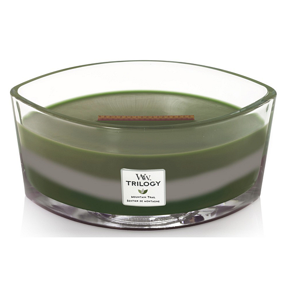 WoodWick Trilogy Mountain Trail - Horská stezka vonná svíčka s dřevěným širokým knotem a víčkem loď 453 g