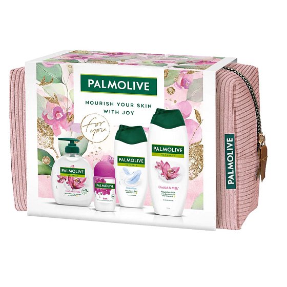 Palmolive Natural Orchid & Milk żel pod prysznic 500 ml + Natural Sensitive żel pod prysznic 250 ml + Luxurious Softness dezodorant w kulce 50 ml + Natural Orchid & Milk mydło w płynie 300 ml + kosmetyczna etue, zestaw kosmetyczny dla kobiet