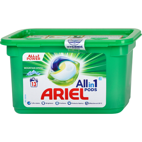 Ariel All in 1 Pods Mountain Spring gelové kapsle na praní bílého a světlého prádla 13 kusů 327,6 g