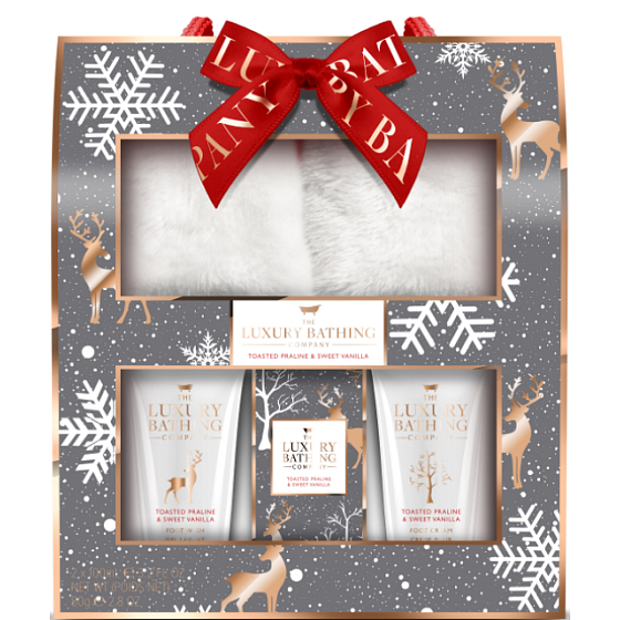 Grace Cole Toasted Praline & Sweet Vanilla pantofle 1 pár + mycí gel na nohy 100 ml + krém na nohy 100 ml + sůl do koupele 80 g, kosmetická sada pro ženy