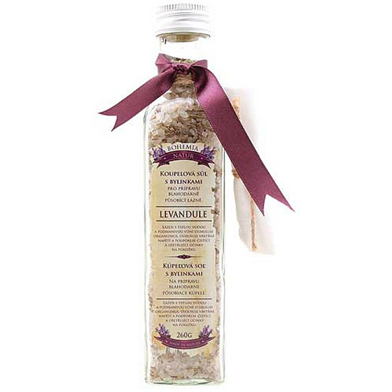 Bohemia Gifts Lavendule s extraktem z bylin koupelová uklidňující sůl s filtračním sáčkem 260 g skleněný obal