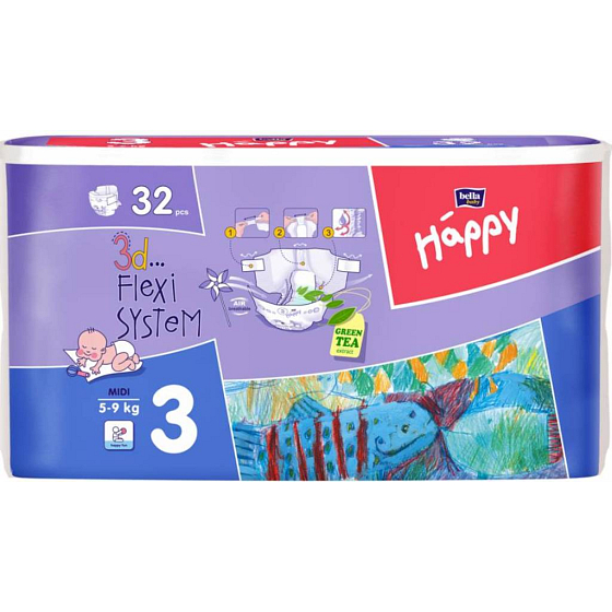 Bella Happy 3 Midi 5-9 kg plenkové kalhotky 32 kusů