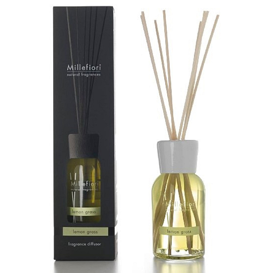 Millefiori Milano Natural Lemon Grass - Citrónová tráva Difuzér 500 ml + 12 stébel v délce 35 cm do velkých prostor vydrží 6-7 měsíců