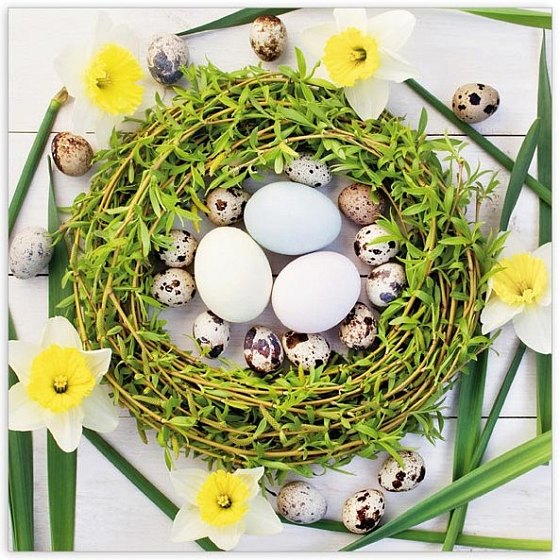 Aha Papírové ubrousky 3 vrstvé 33 x 33 cm 20 kusů Velikonoční zelený věneček, narcisy, tulipány