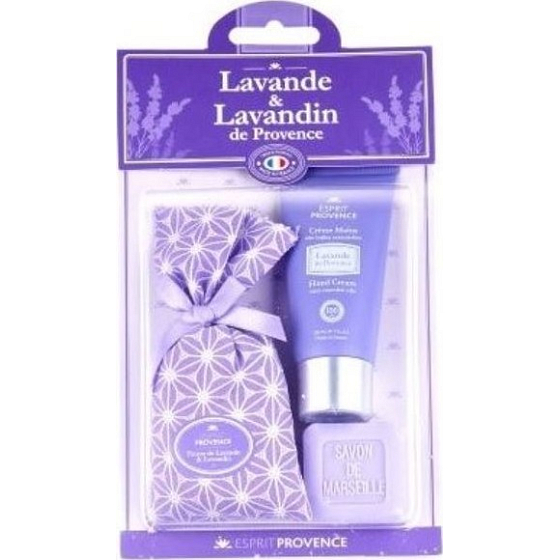 Esprit Provence Levandule toaletní mýdlo 25 g + levandulový vonný pytlík + krém na ruce 30 ml, kosmetická sada pro ženy