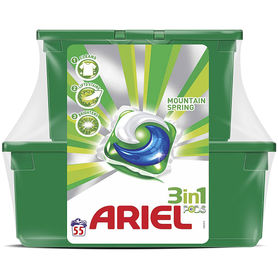 Ariel 3v1 Mountain Spring gelové kapsle na praní prádla 23 kusů + 32 kusů