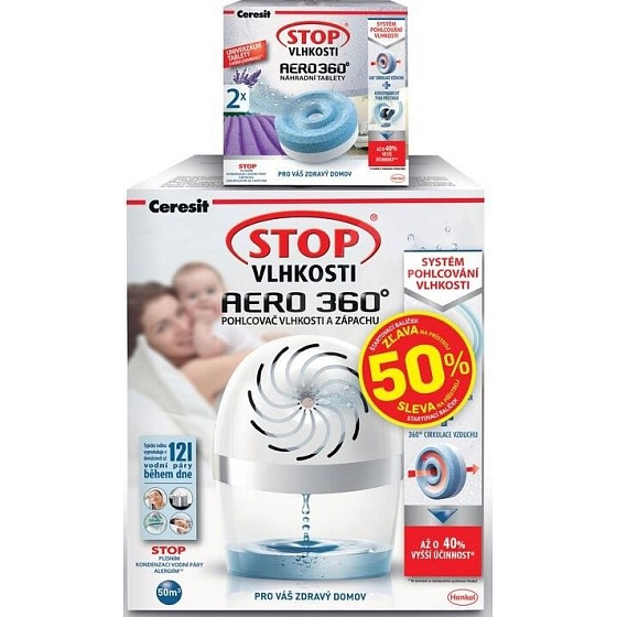 Ceresit Stop vlhkosti Aero 360 pohlcovač vlhkosti komplet bílý 450 g + Ceresit Stop vlhkosti Aero 360 Levandule náhradní tablety 2 x 450 g