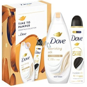 Dove Time To Pamper Nourishing Silk vyživující sprchový gel 250 ml + Advanced Care Invisible Dry antiperspirant deodorant sprej 150 ml, kosmetická sada pro ženy Dove Time To Pamper Nourishing Silk vyživující sprchový gel 250 ml + Advanced Care Invisible Dry antiperspirant deodorant sprej 150 ml, kosmetická sada pro ženy