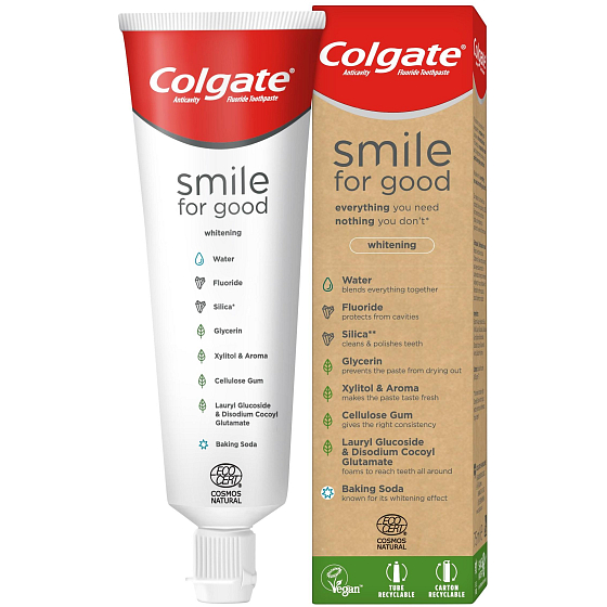 Colgate Smile for Good Protection Whitening recyklovatelná, veganská zubní pasta, obsahuje 99,7% složek přírodního původu 75 ml