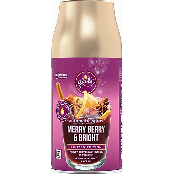 Glade Merry Berry & Bright automatický osvěžovač vzduchu s vůní merlotu, lesních plodů a koření, náhradní náplň sprej 269 ml
