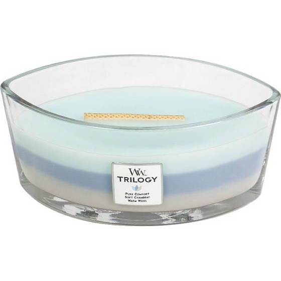WoodWick Trilogy Woven Comforts - Przytulne komforty zapachowa świeca z drewnianym szerokim knotem i wieczkiem szklanym 453 g