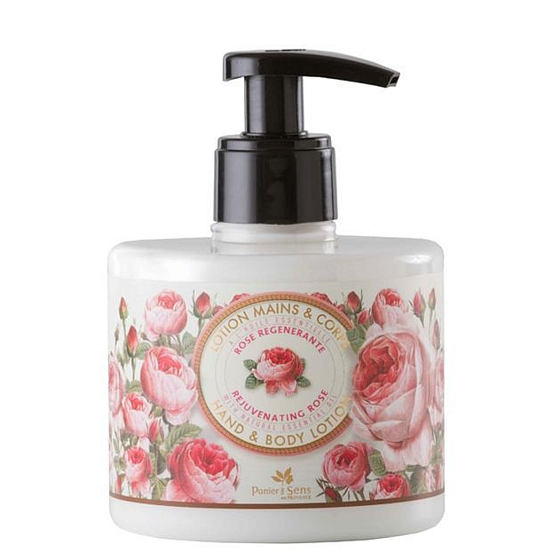 Panier des Sens Růže regenerační, zklidňující mléko na tělo a ruce dávkovač 300 ml