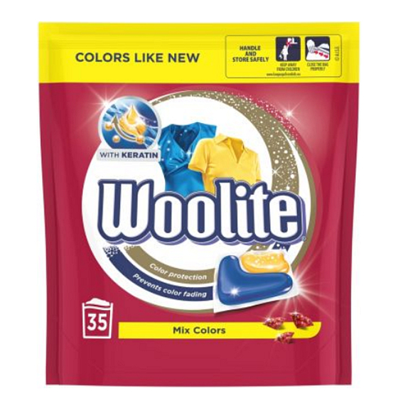 Woolite Mix Colors Keratin univerzální kapsle na praní barevného prádla, ochrana před ztrátou tvaru a zachování intenzity barvy XL 35 kusů