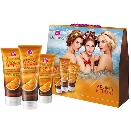 Dermacol Aroma Ritual Belgická čokoláda Harmonizující sprchový gel 250 ml + tělové mléko 200 ml + krém na ruce 100 ml, kosmeticka sada