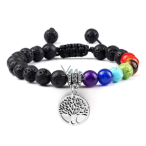 Čakrový náramek Strom života + Láva černá, ručně pletený, nastavitelná velikost, kulička 8 mm, zrozen ze čtyř živlů Čakrový náramek Strom života + Láva černá, ručně pletený, nastavitelná velikost, kulička 8 mm, zrozen ze čtyř živlů