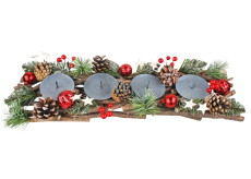 Świąteczny drewniany świecznik na 4 świeczki z czerwonymi dodatkami i wstążkami 51 cm