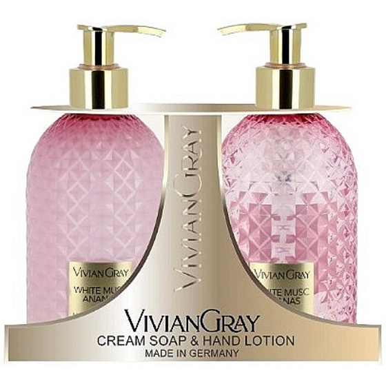 Vivian Gray White Musc Ananas luksusowy płyn do mycia rąk z dozownikiem 300 ml + luksusowe mleczko do rąk z dozownikiem 300 ml, zestaw kosmetyczny