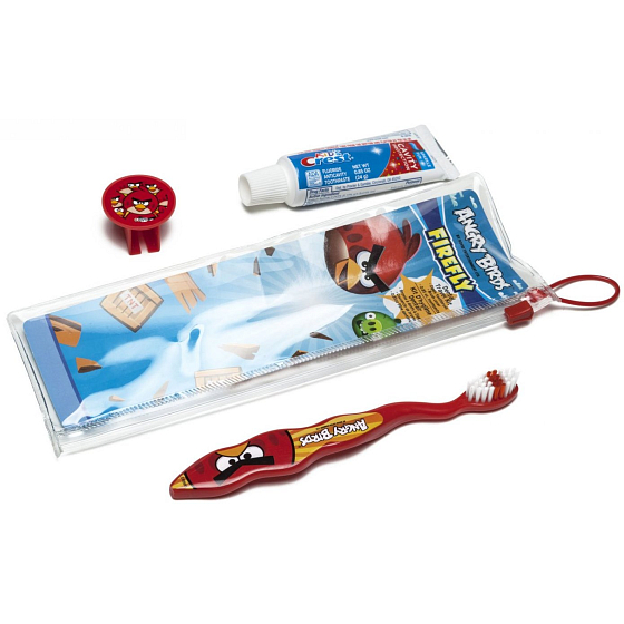Angry Birds Měkký kartáček na zuby s krytkou + zubní pasta 24 g + pouzdro, pro děti cestovní sada