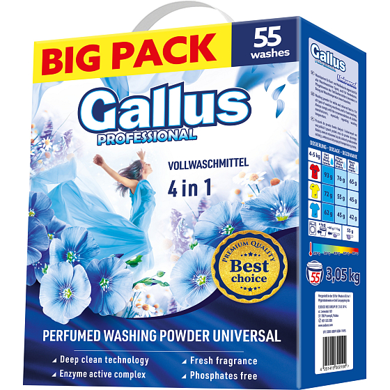 Gallus Universal Box prací prášek na bílé a barevné prádlo, 55 dávek, 3,05 kg, papírové balení s etiketou značky