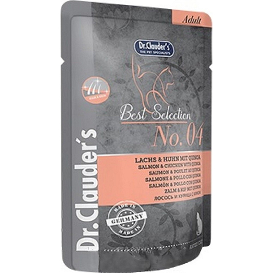 Dr. Clauders Best Selection No. 4 Kuřecí maso, losos a quinoa kompletní krmivo s kousky masa pro kočky kapsička 85 g