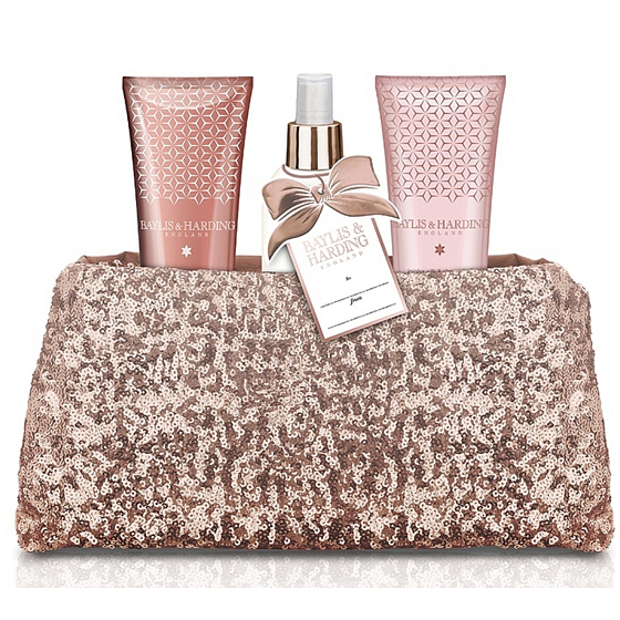 Baylis & Harding Jojoba, Hedvábí a Mandlový olej sprchový gel 100 ml + mléko na ruce a tělo 100 ml + tělový sprej 100 ml + růžová flitrová kabelka, kosmetická sada