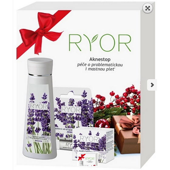 Ryor Aknestop Bylinné tonikum na problematickou pleť 200 ml, Krém s fytosfingosinem na problematickou pleť 50 ml, Antiakné roll-on na problematickou pleť 5 ml, kosmetická sada