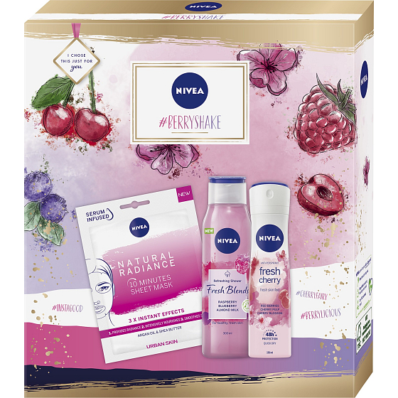 Nivea Berry Shake antiperspirant deodorant sprej 150 ml + sprchový gel 300 ml + pleťová maska 1 kus, kosmetická sada pro ženy