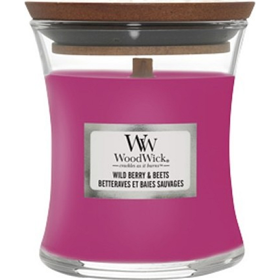 WoodWick Wild Berry & Beets - Leśne owoce i buraki zapachowa świeca z drewnianym knotem i wieczkiem szklanym mała 85 g