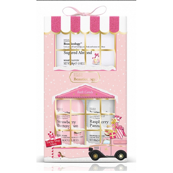 Baylis & Harding Jahodový cupcake tekuté tělové mýdlo 100 ml + Malinový panna cotta sprchový krém 100 ml + Cukrová mandle mýdlo 100 g Růžová kolekce kosmetická sada péče o tělo