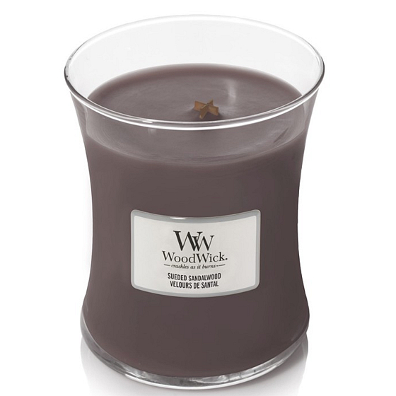 WoodWick Suede & Sandalwood - Semišové santalové dřevo vonná svíčka s dřevěným knotem a víčkem sklo střední 275 g