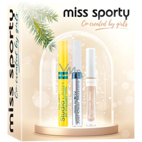 Miss Sporty Studio Lash 3D Volumythic řasenka 8 ml + Precious Shine lesk na rty 15 Universal Nude 7,4 ml + Just Clear řasenka bezbarvá 8 ml, kosmetická sada pro ženy