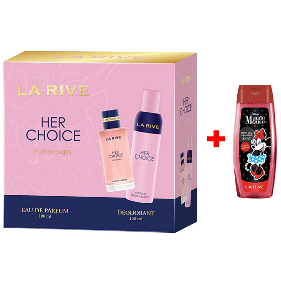 LA RIVE HER CHOICE woda perfumowana 100 ml + dezodorant w sprayu 150 ml, zestaw prezentowy dla kobiet + Żel pod prysznic La Rive 2w1 Minie 250 ml GRATIS