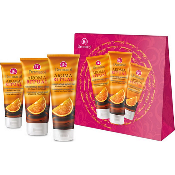 Dermacol Aroma Ritual Belgická čokoláda Harmonizující jemný sprchový gel 250 ml + tělové mléko 200 ml + regenerační krém na ruce 100 ml, kosmetická sada