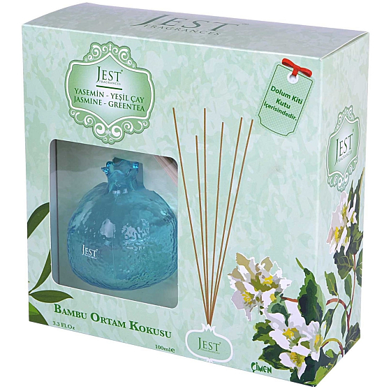 Cimen Jest Jasmín a Zelený čaj design aroma difuzér s přírodními ratanovými tyčinkami pro postupné uvolňování vůně 100 ml