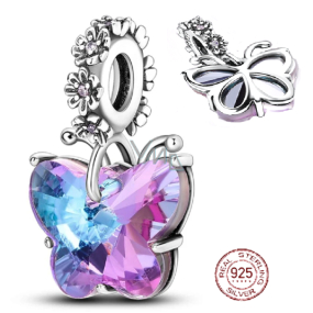Charm Srebrna biżuteria 925 Czarujący motyl ze szkła Murano, zawieszka na bransoletkę symbol
