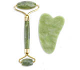 Serpentin Gua Sha 4,3 x 7,1 cm + wałek masażny 14 x 5,5 cm redukuje zmarszczki, obrzęki, poprawia elastyczność skóry, zestaw bez opakowania
