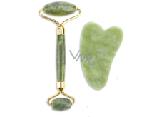 Serpentin Gua Sha 4,3 x 7,1 cm + wałek masażny 14 x 5,5 cm redukuje zmarszczki, obrzęki, poprawia elastyczność skóry, zestaw bez opakowania
