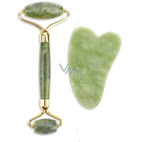 Serpentin Gua Sha 4,3 x 7,1 cm + wałek masażny 14 x 5,5 cm redukuje zmarszczki, obrzęki, poprawia elastyczność skóry, zestaw bez opakowania