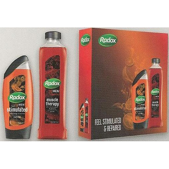 Radox Men Feel Stimulated 2v1 sprchový gel a šampon pro muže 250 ml + Muscel Therapy pěna do koupele 500 ml, kosmetická sada